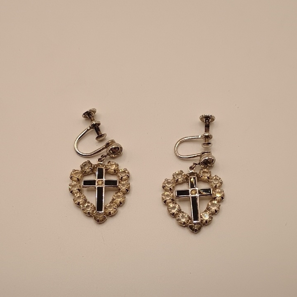 Silver Toned Heart Screw On Earrings with Cross Design And Clear Stones